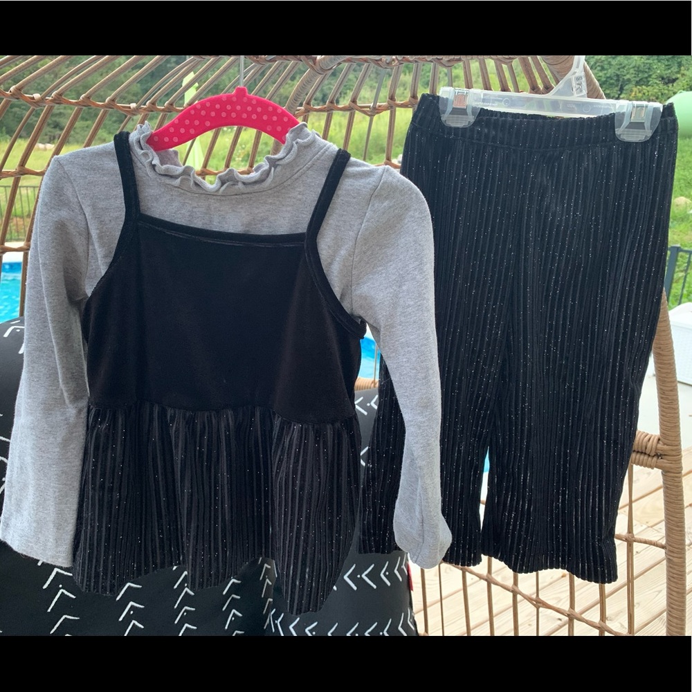 3PC VELOUR GLITTER OUTFIT SET TOP PLEATED PANTS PARTY FORMAL HOLIDAY BLACK 2T 2